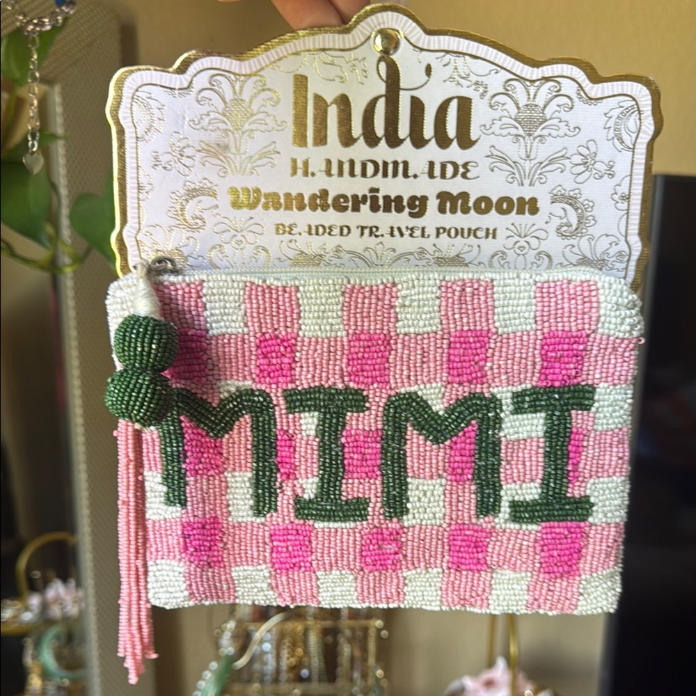 Tj maxx viral beaded pouch Handcrafted Pink and Green Beaded Clutch